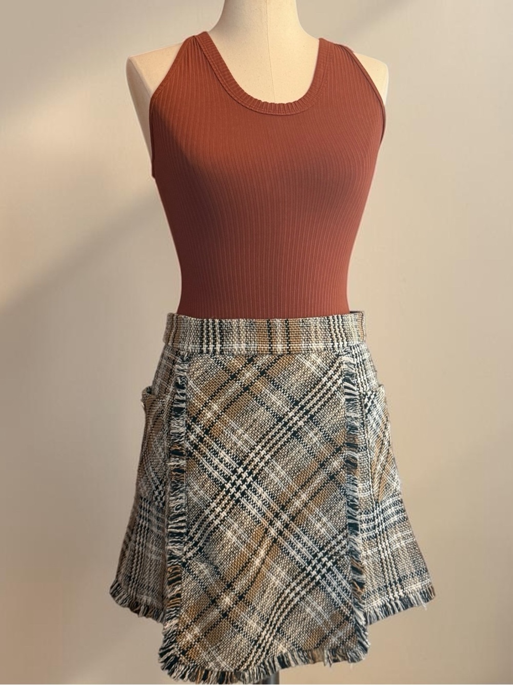 Pink Lily Plaid Tweed Fringed Wrap Mini Skirt Medium NWT Boho Preppy